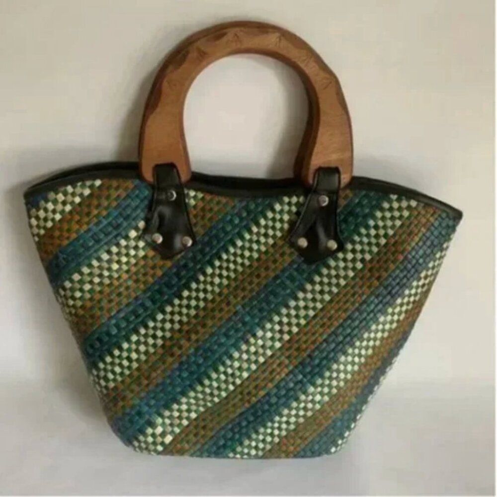 Multi-colored Woven Straw Purse with Wooden Handles